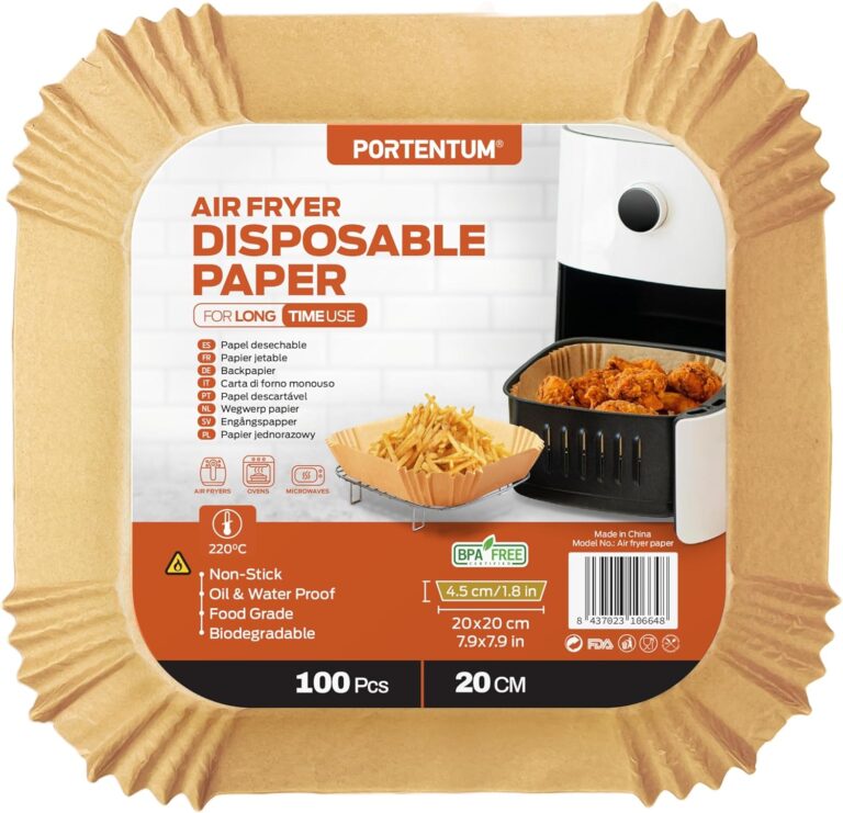 Portentum présente du papier de cuisson alimentaire sans BPA pour friteuses de 5 à 8 L, 100 pièces.