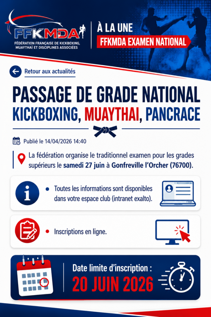 Passage de grade national en kickboxing, muaythai et pancrace en France.