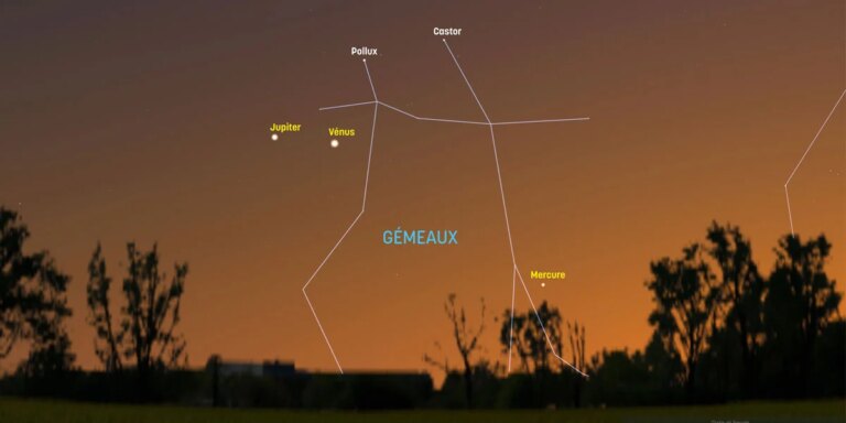 Conjonction de Jupiter et Vénus visible dans le ciel du couchant en France.