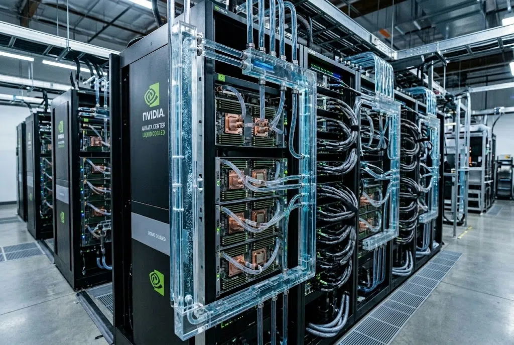 Nvidia présente un système de refroidissement à liquide chaud pour data centers.