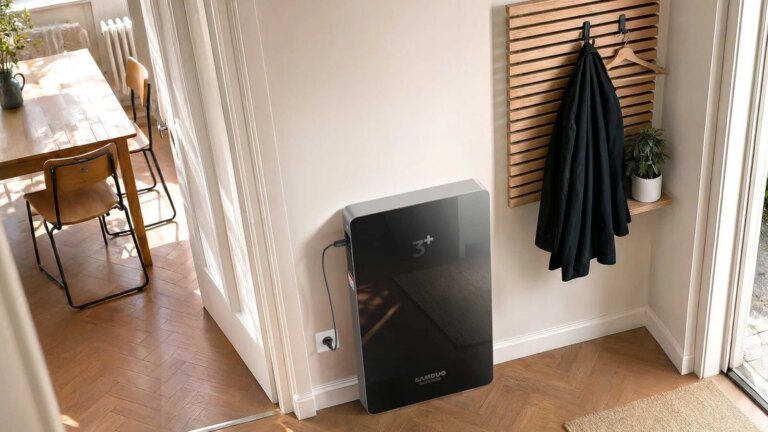 Une batterie domestique se branche sur une prise pour stocker l’énergie solaire.