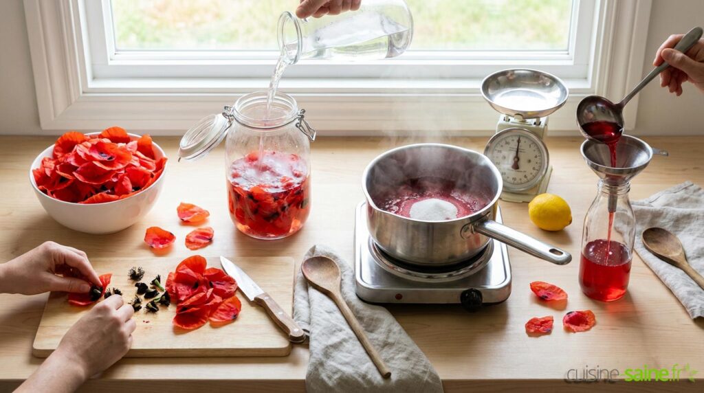 Fabrication de sirop de coquelicot fait maison : une pratique artisanale en hausse en France.