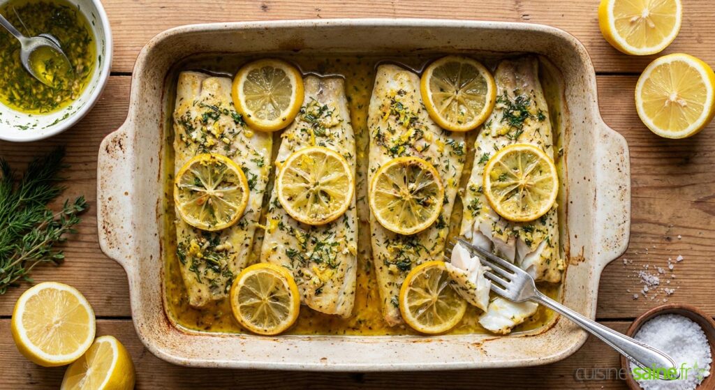 Lieu noir cuit au four avec herbes et citron : une méthode de préparation appréciée dans la gastronomie.