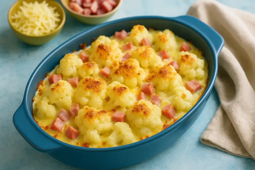 Recette de gratin de chou-fleur et jambon crémeux en 40 minutes pour un repas rapide.
