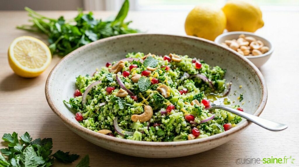 Taboulé de brocoli aux noix de cajou et menthe fraîche : une recette saine et nutritive.