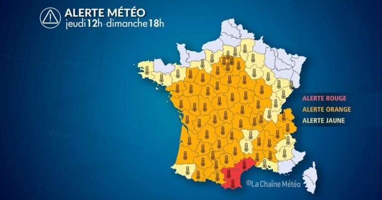 Alerte rouge pour canicule en Languedoc-Roussillon, températures extrêmes attendues.