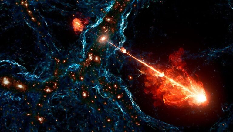 Découverte d’un jet galactique géant provenant d’un trou noir supermassif identifié.