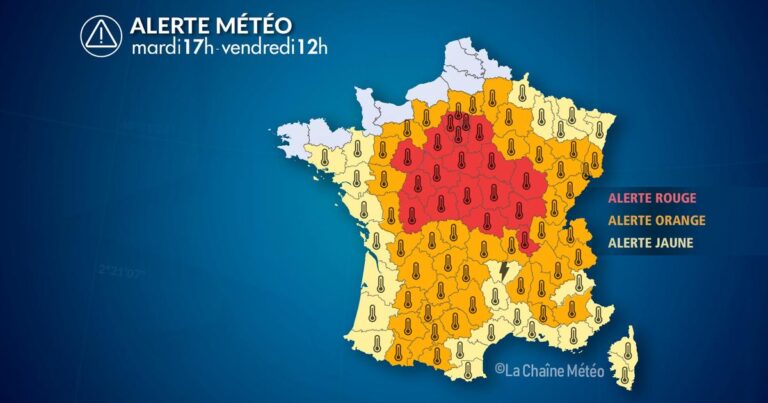 Alerte rouge canicule et orages violents prévus à l’est mercredi selon Météo-France.