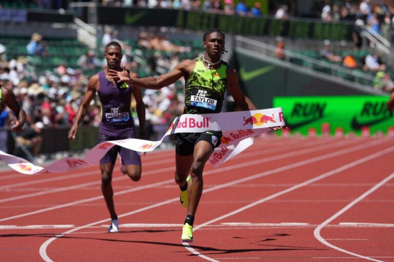 Tate Taylor remporte le 200 m à Eugene avec un temps de 19 »75, exprime sa surprise.