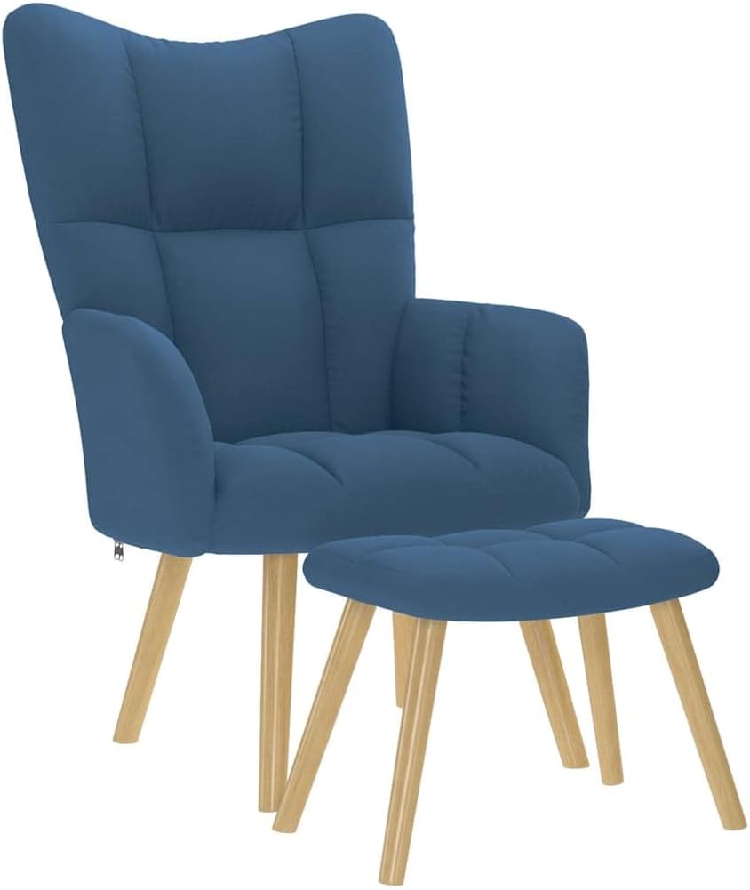 Fauteuil de relaxation ergonomique en tissu bleu avec tabouret et structure en bois et métal.