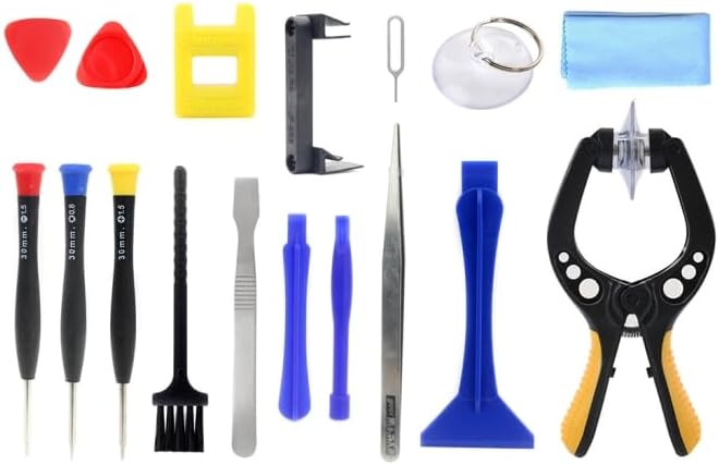 Jeu d’outils de réparation de téléphone 17 en 1 adapté pour plusieurs marques de smartphones et tablettes.