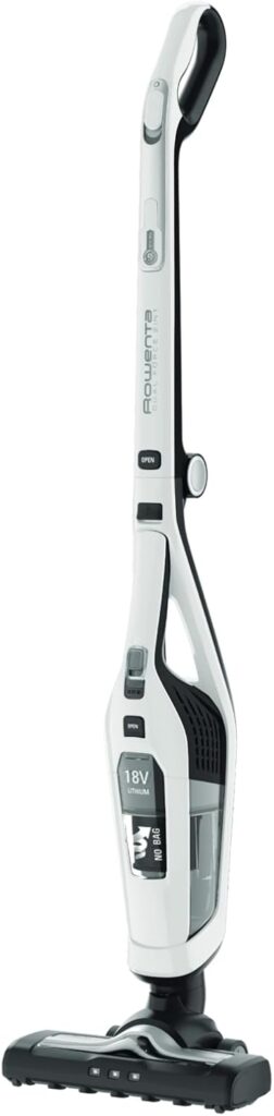 Rowenta présente le Dual Force 2in1 RH6737 sans sac, aspirateur de 0,6 L en blanc.