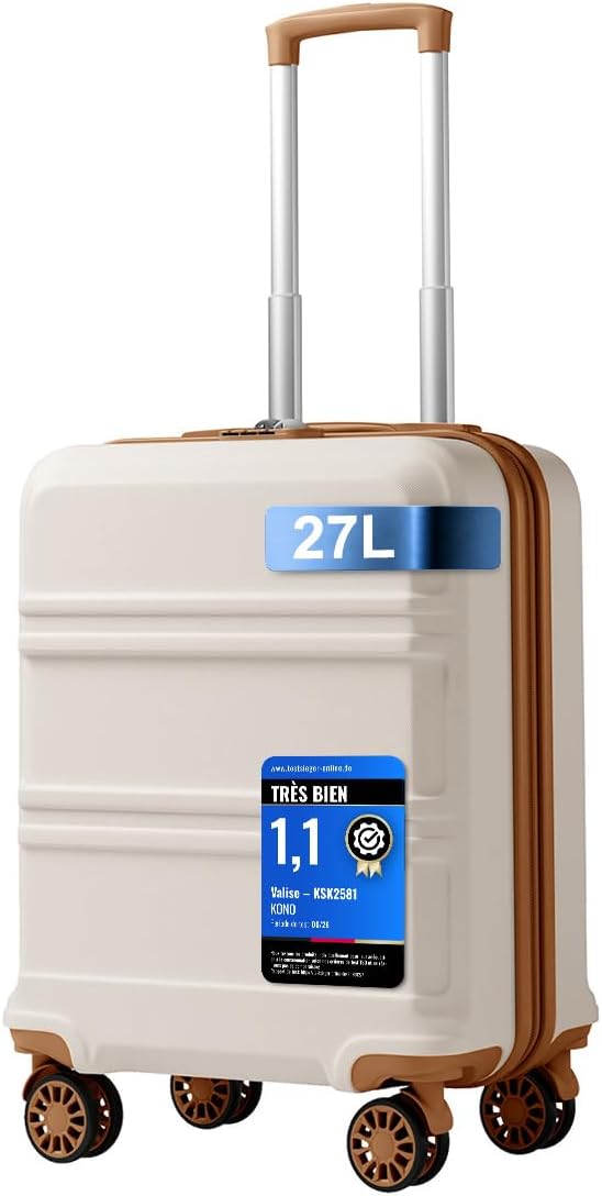 Kono présente une valise cabine Easyjet 45 x 36 x 20 cm, légère en ABS et PC, à 4 roulettes.