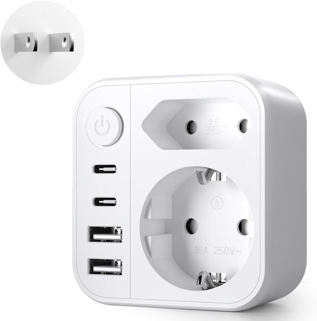 Adaptateur de voyage 6 en 1 pour le Japon : prise Schuko vers Type A avec ports USB.