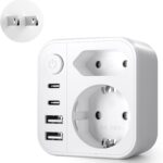 Adaptateur de voyage 6 en 1 pour le Japon : prise Schuko vers Type A avec ports USB.