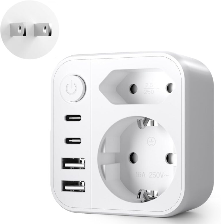 Adaptateur de voyage 6 en 1 pour le Japon : prise Schuko vers Type A avec ports USB.