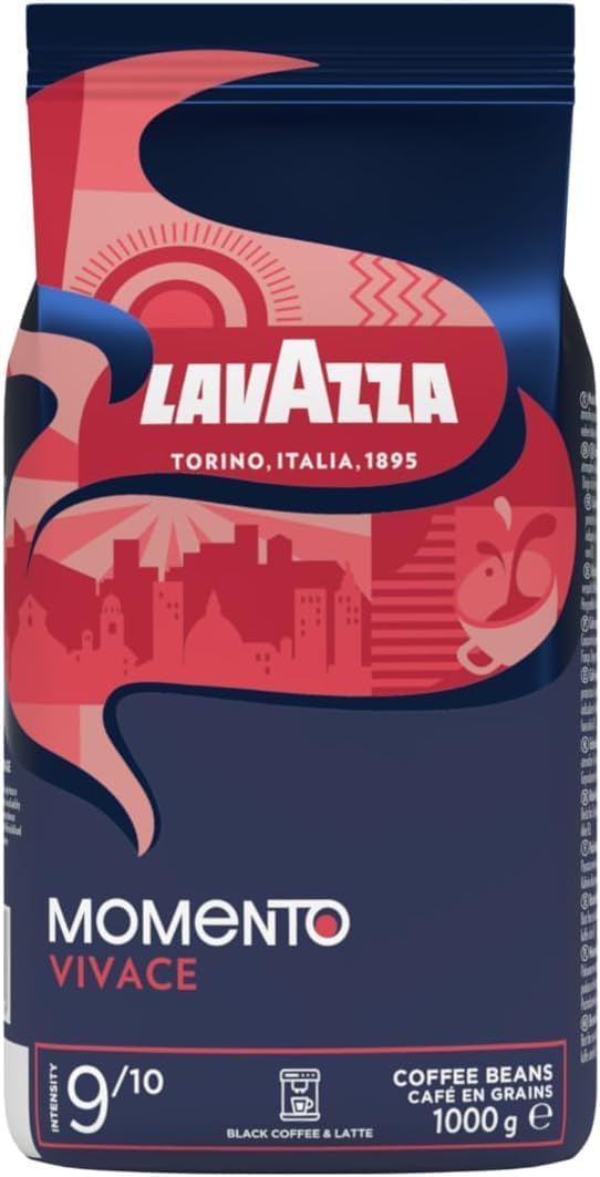Lavazza Momento Vivace : Café en grains 1 kg, intensité 9/10, mélange Arabica et Robusta.