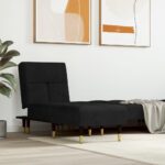 Chaise longue en velours noir inclinable pour salon et chambre, structure métal et contreplaqué.
