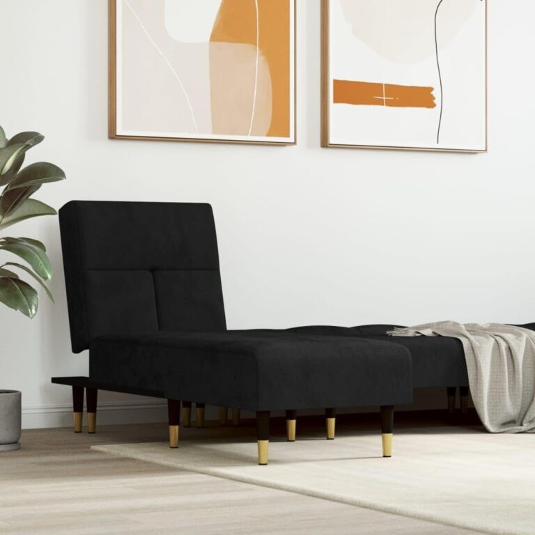 Chaise longue en velours noir inclinable pour salon et chambre, structure métal et contreplaqué.