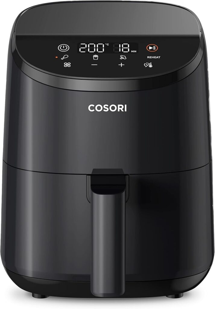 COSORI Air Fryer 2L 4-en-1 : cuisson sans huile jusqu’à 205°C, 30+ recettes en ligne.