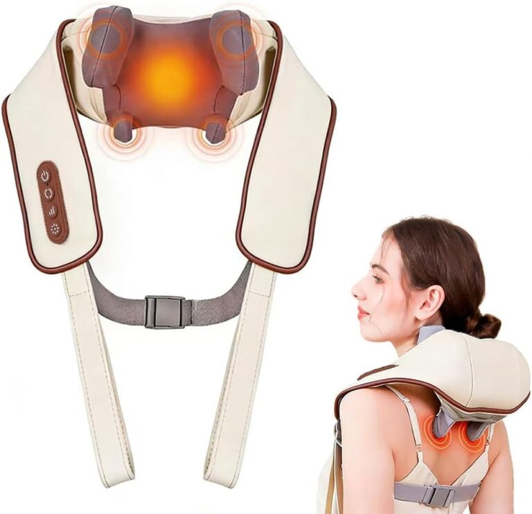 Masseur cervical sans fil 6D avec fonction de chauffage et housse lavable pour soulager douleurs musculaires.
