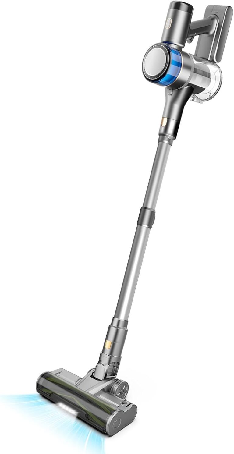 Aspirateur sans fil 400W avec autonomie de 55 minutes et brosse anti-emmelement pour sols durs.