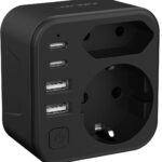 Adaptateur de voyage 6 en 1 Type-A pour Japon et France avec ports USB-A et Type-C.