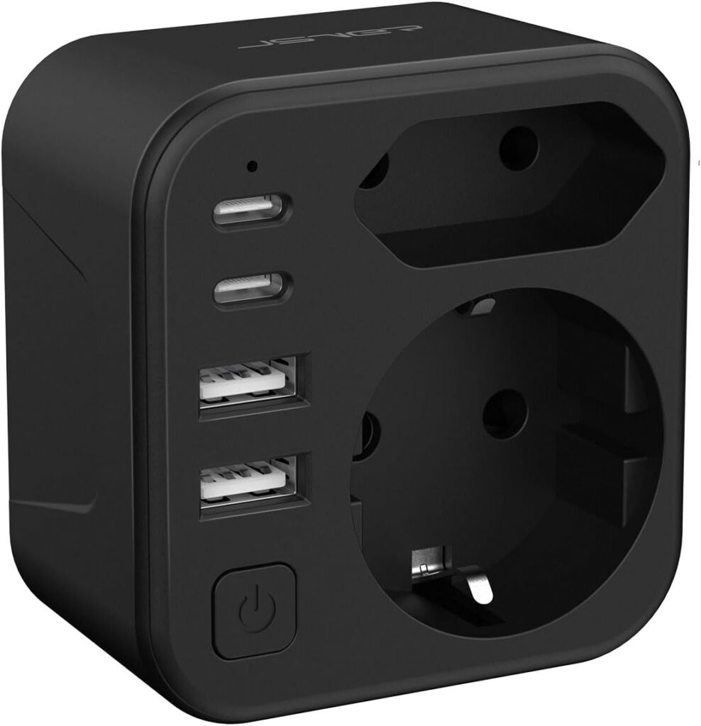 Adaptateur de voyage 6 en 1 Type-A pour Japon et France avec ports USB-A et Type-C.