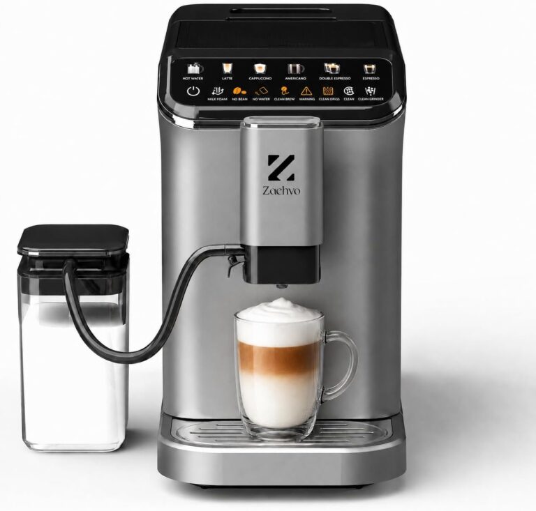 Machine à café automatique, 20 bars, 15 niveaux de mouture, écran tactile, nettoyage automatique.