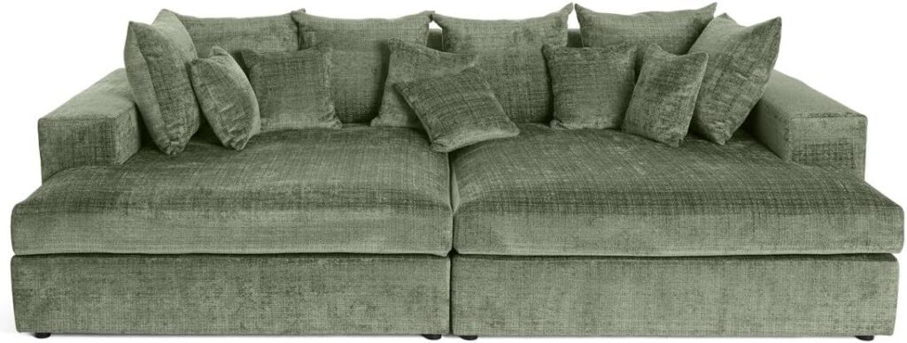 Lisa Design présente un canapé droit 4 places avec double chaise en velours texturé vert.