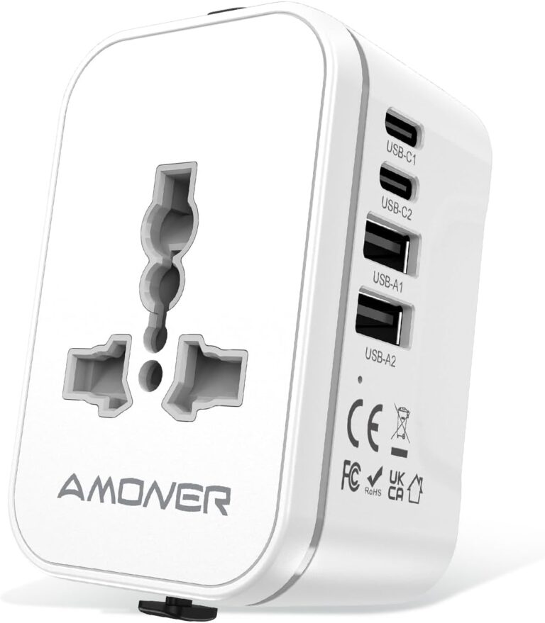 Amoner International Travel Adapter 5 en 1 : compatible France, UK, Allemagne, Japon, USA.