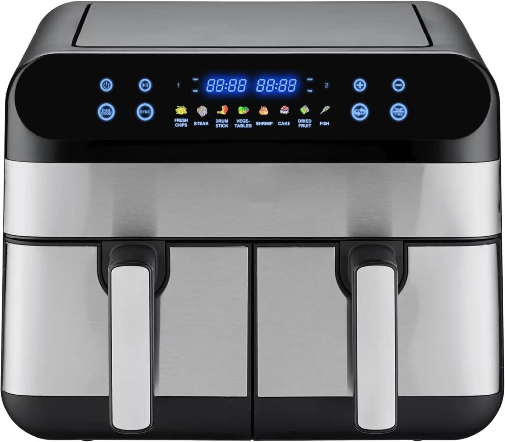 Air Fryer Dual Zone 9L : cuisson familiale avec 8 modes pour frémir, rôtir et déshydrater.