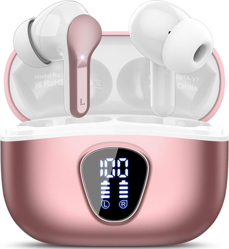 Casque Bluetooth 5.4 avec 4 micros ENC et autonomie de 46 heures, étanchéité IP7, couleur or rose.