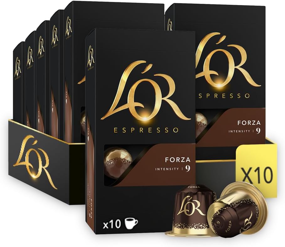 L’OR Forza : Capsules de café compatibles Nespresso, intensité 9, pack de 100 unités.