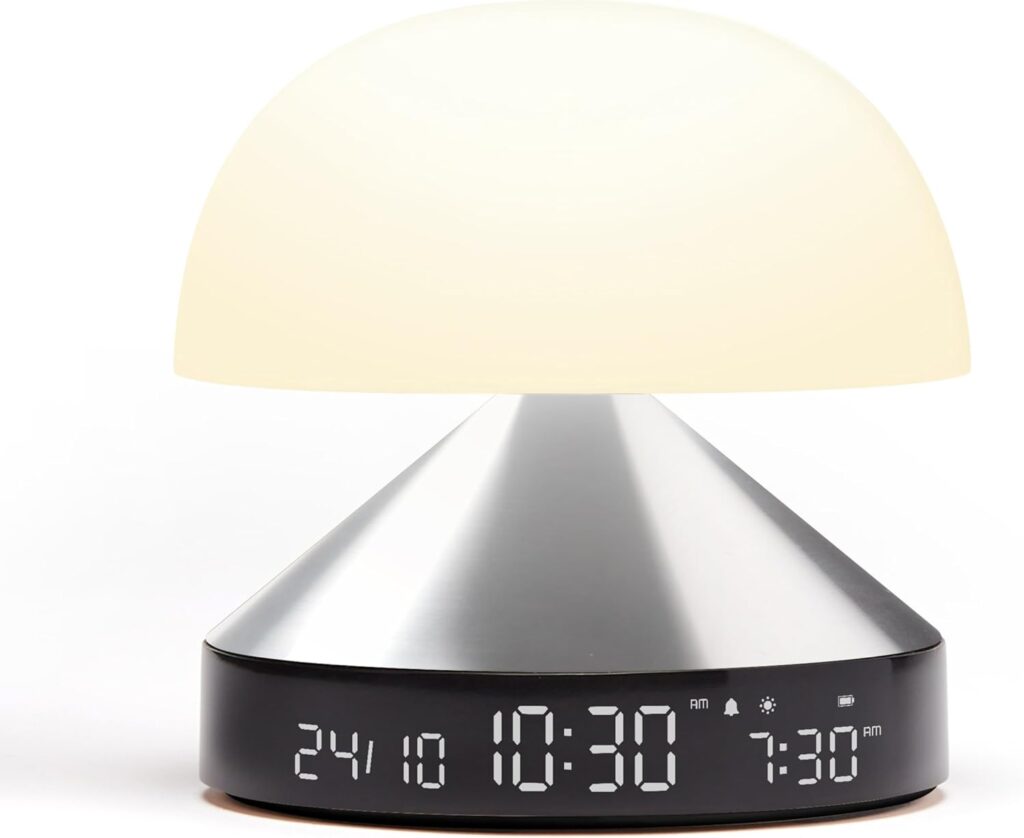 Lexon MINA Sunrise : un simulateur d’aube et lampe de chevet disponible en aluminium.