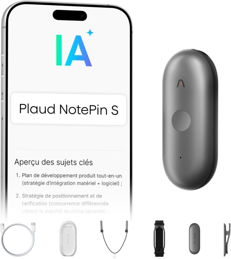 Plaud NotePin S : Enregistreur vocal AI avec transcription et résumé pour réunions professionnelles.