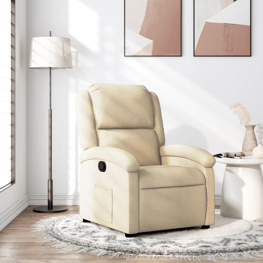 Fauteuil de relaxation en tissu crème avec fonction de couchage manuelle pour salon.