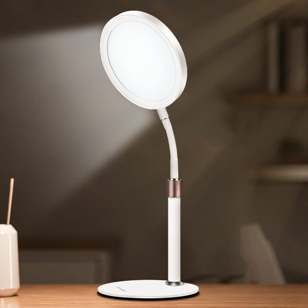 Lampe de bureau 10000 Lux avec pied ajustable et 9 niveaux de luminosité.