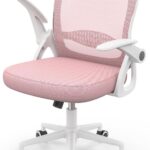 Naspaluro : Chaise de bureau rose avec accoudoirs relevables et soutien lombaire.