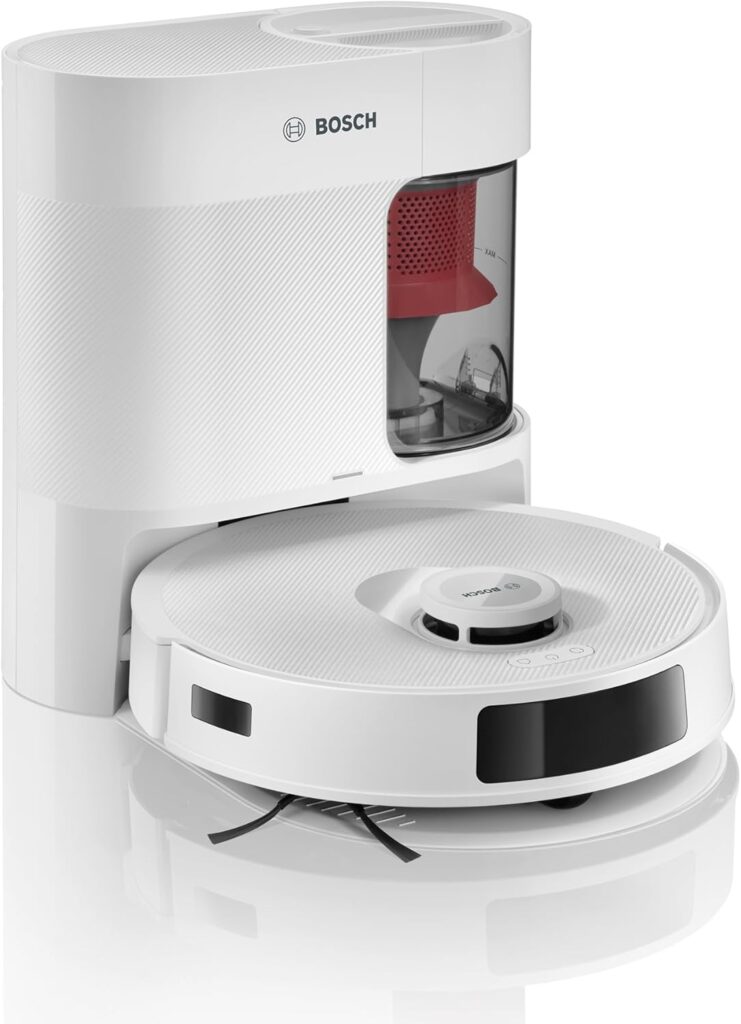Bosch dévoile le robot aspirateur Spotless BCRD1W avec navigation avancée et service station.