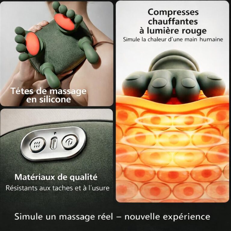 Massager de cou et dos sans fil USB-C avec chaleur réglable et couverture douce.
