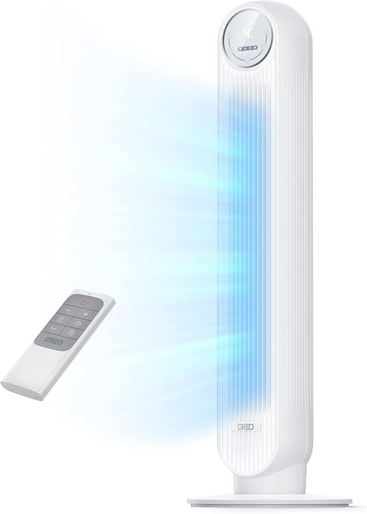 Nomad One Dreo Quiet Tower Fan avec oscillation de 90° et télécommande, 4 vitesses et 8H de minuterie.