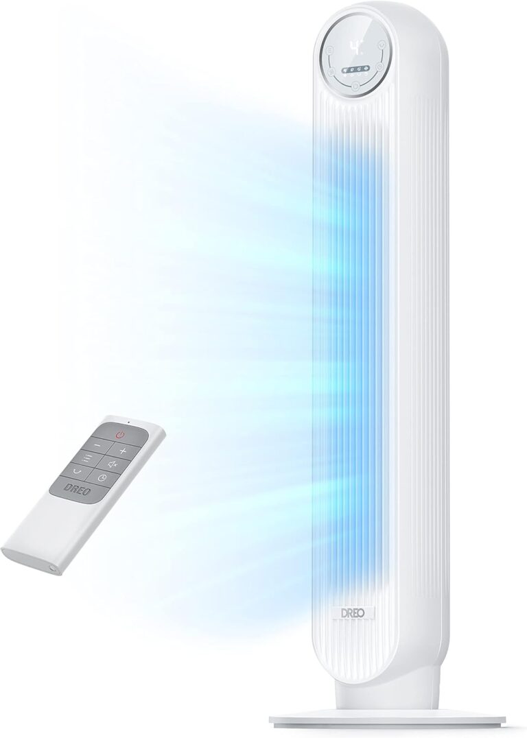 Nomad One Dreo Quiet Tower Fan avec oscillation de 90° et télécommande, 4 vitesses et 8H de minuterie.