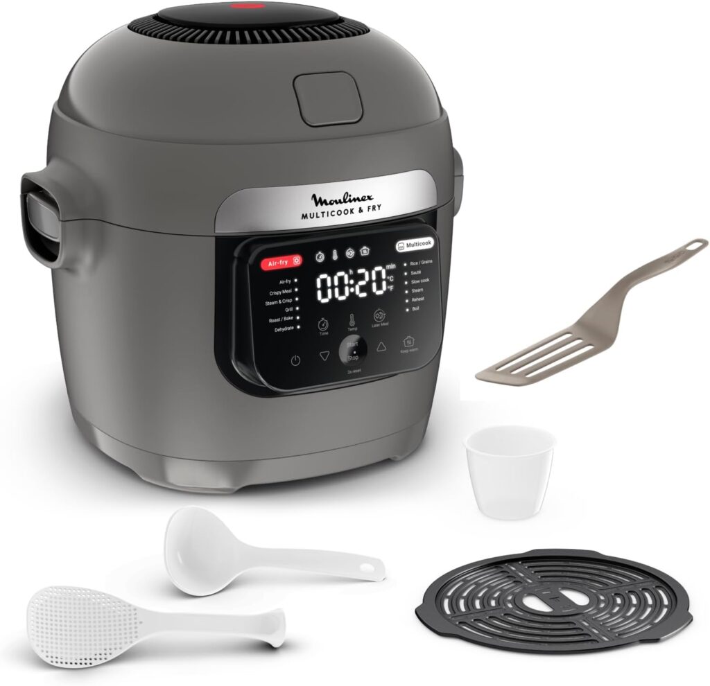 Lancement du Moulinex Multicook Fry : multicuiseur avec 12 programmes et 6 L, inclus spatule.