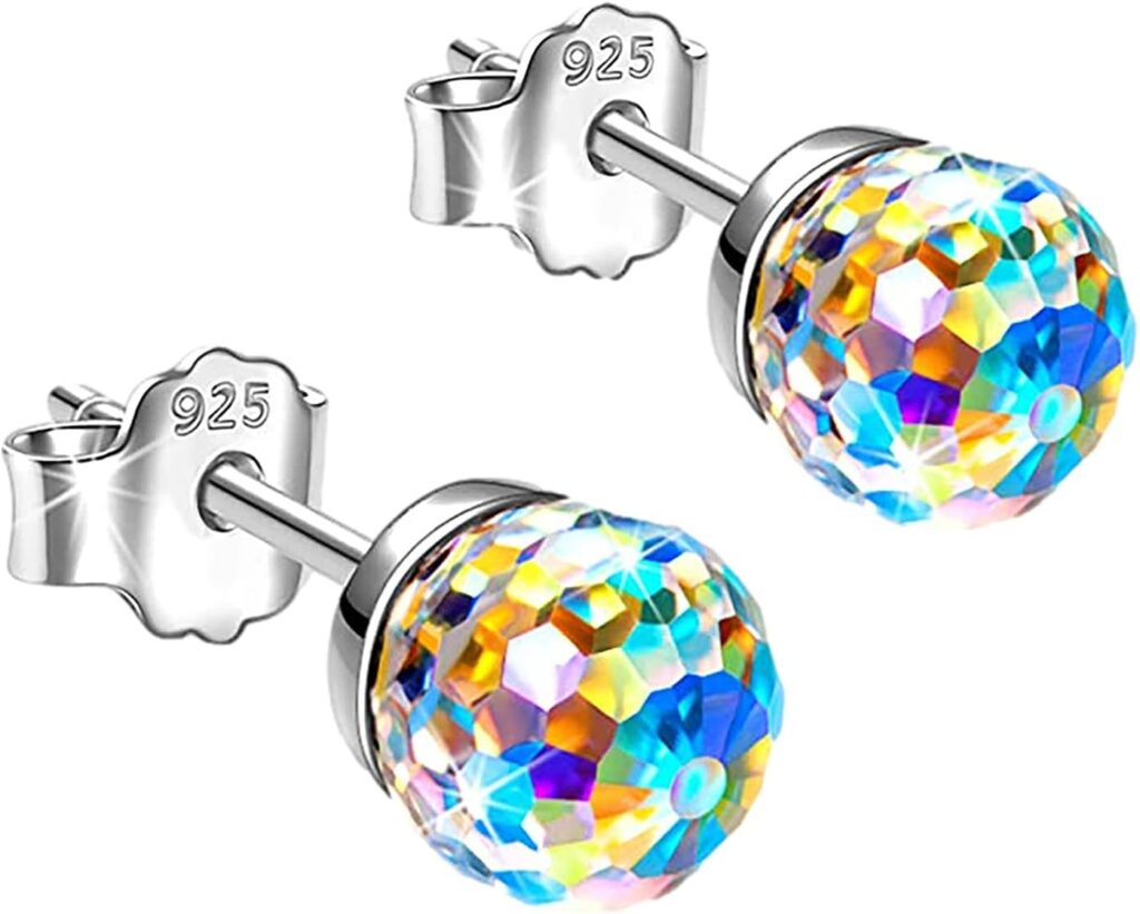 Boucles d’oreilles en argent sterling 925 pour femmes, cristaux colorés hypoallergéniques de 6 mm.