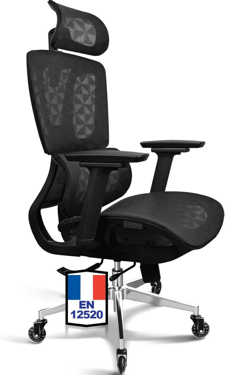 MELOKEA présente un fauteuil de bureau ergonomique avec accoudoirs 4D et dossier haut.