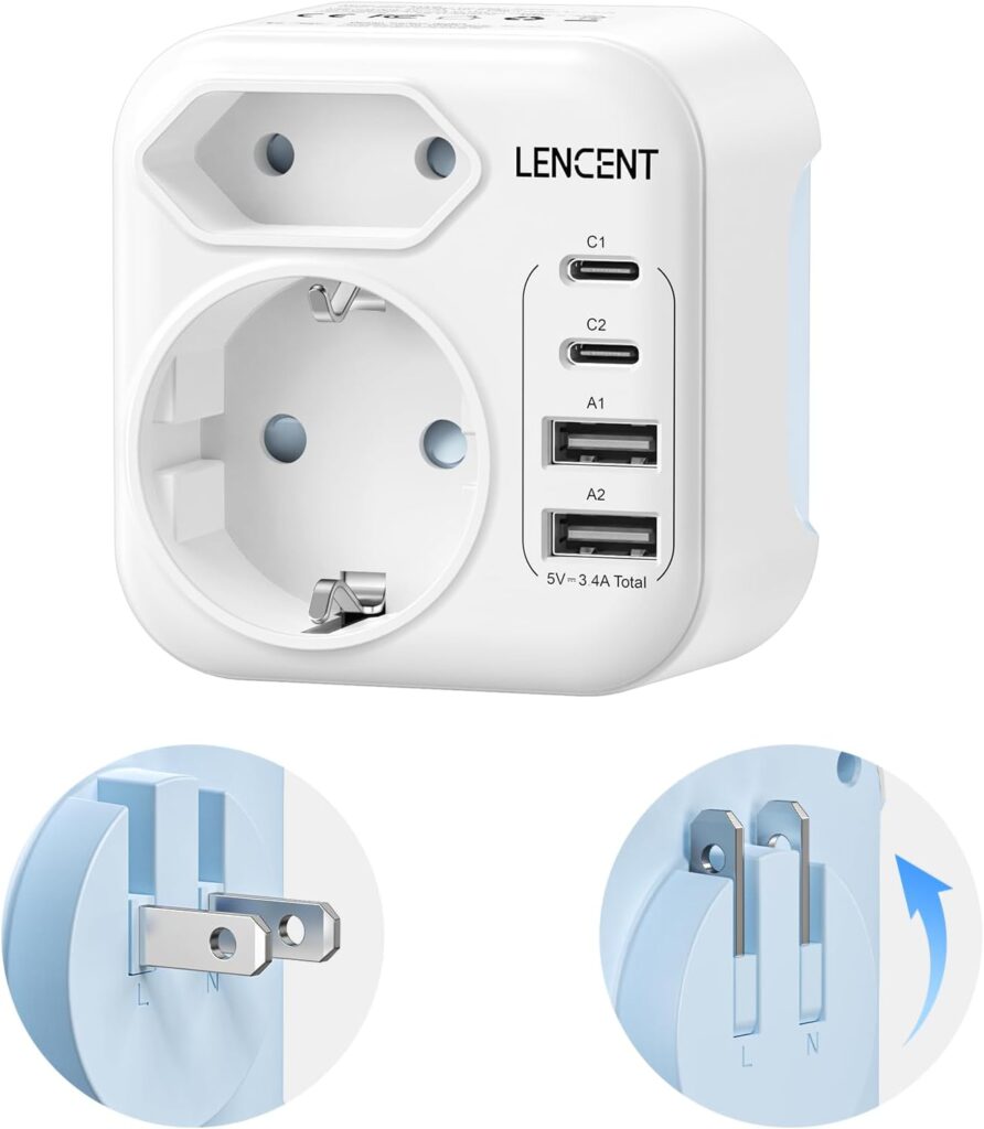 Adaptateur pliable 6 en 1 pour prises japonaises, compatible USA, Canada, Mexique, 3250W, 2 Type C et 2 USB-A.