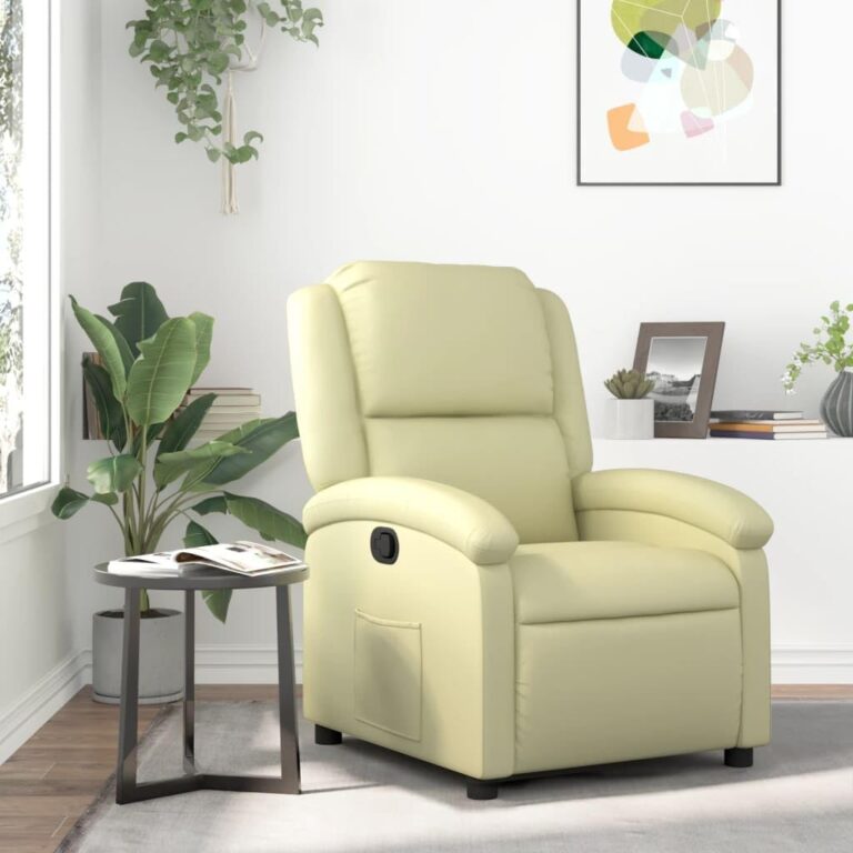 Fauteuil de relaxation en cuir crème avec fonction de couchage et réglages ergonomiques.