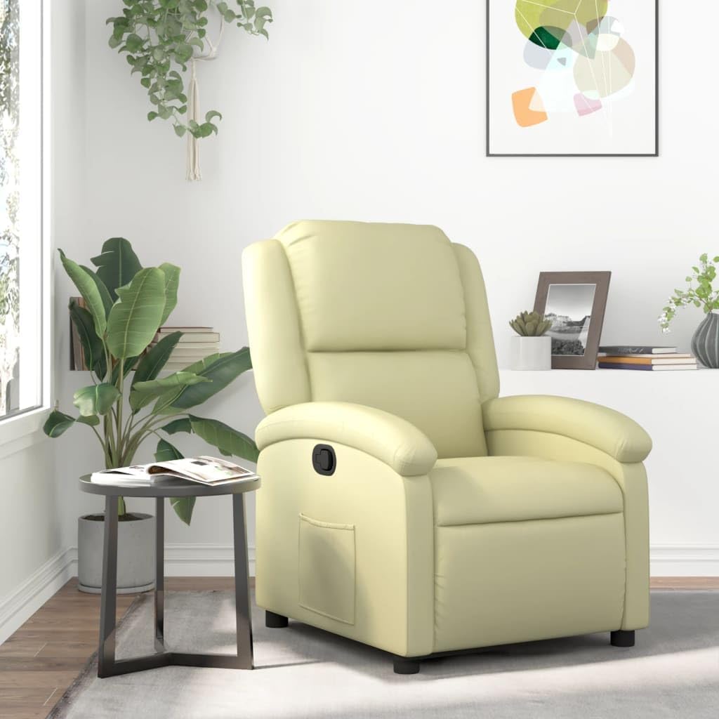 Fauteuil de relaxation en cuir crème avec fonction de couchage et réglages ergonomiques.