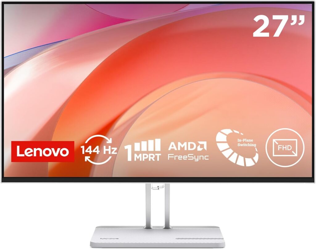 Lenovo L27-4C : Moniteur 27 » FHD avec 144 Hz et 1 ms, connectique complète incluse.